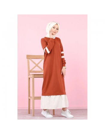 Robe longue style décontracté moderne bi-couleur (Vetement pas cher pour femme voilée) - Couleur brique et blanc 
