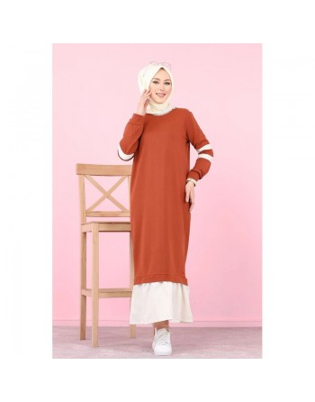 Robe longue style décontracté moderne bi-couleur (Vetement pas cher pour femme voilée) - Couleur brique et blanc 
