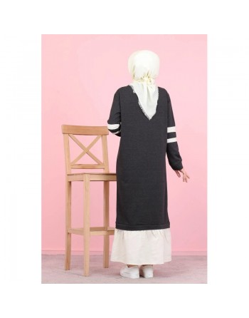 Robe longue moderne bi-couleur (Vetement hijab pas cher de Turquie pour femme voilée) - Couleur gris anthracite et blanc 