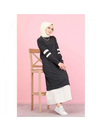 Robe longue moderne bi-couleur (Vetement hijab pas cher de Turquie pour femme voilée) - Couleur gris anthracite et blanc 