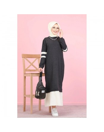 Robe longue moderne bi-couleur (Vetement hijab pas cher de Turquie pour femme voilée) - Couleur gris anthracite et blanc 