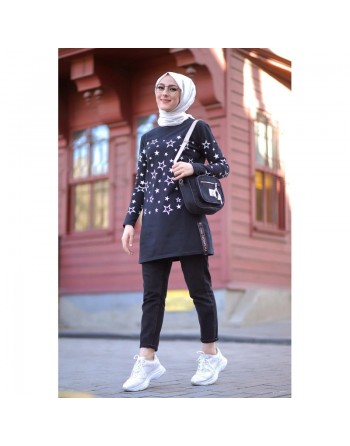 Tunique imprimée avec motifs étoiles (Star Modest Fashion- Mode Musulmane pour femme voilée) - Couleur noir 
