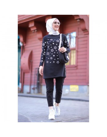 Tunique imprimée avec motifs étoiles (Star Modest Fashion- Mode Musulmane pour femme voilée) - Couleur noir 
