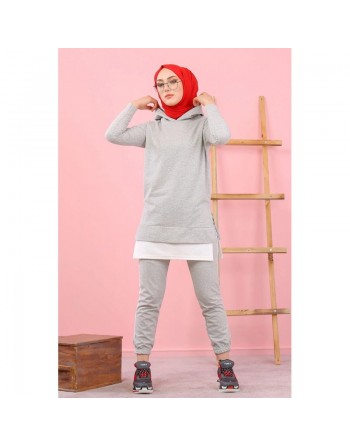 Ensemble décontracté et Survêtement (Hijab Sport pour femme musulmane) - Couleur Gris clair et blanc 