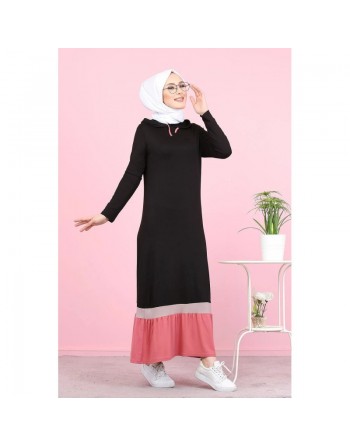 Robe longue avec capuche style Urban moderne (Vetement pour femme voilée) - Couleur noir et rose 