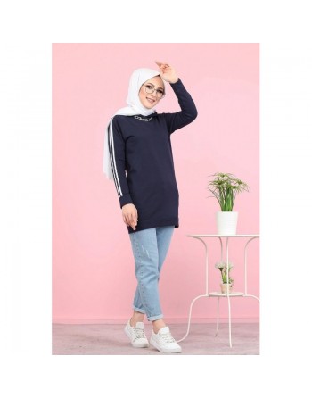 Tunique décontractée Sweat à capuche (Sweat-shirt femme voilée) - Couleur Bleue marine 