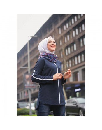 Haut Sportswear pour femme - Tunique Sport à bandes - Couleur bleu marine 