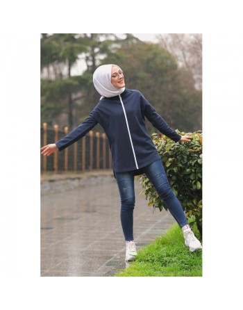 Haut Sportswear pour femme - Tunique Sport à bandes - Couleur bleu marine 