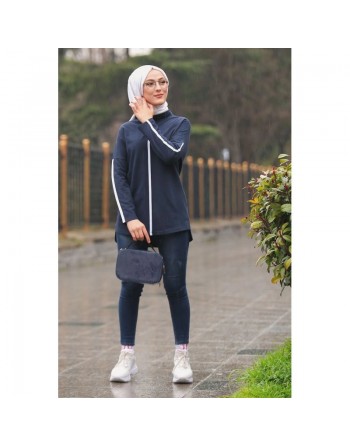 Haut Sportswear pour femme - Tunique Sport à bandes - Couleur bleu marine 