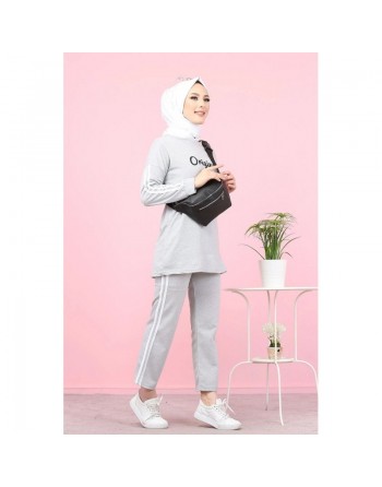 Survêtement "original" 2 pièces (Sweat-shirt et pantalon assorti) pour femme voilée - Couleur gris clair 
