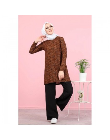Ensemble 2 pièces décontracté tunique et pantalon (Ensemble hijab turque) - Couleur noir et ecureuil 