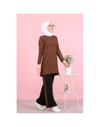 Ensemble 2 pièces décontracté tunique et pantalon (Ensemble hijab turque) - Couleur noir et ecureuil 