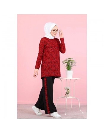 Ensemble 2 pièces décontracté tunique et pantalon (Ensemble femme voilée) - Couleur noir et rouge 