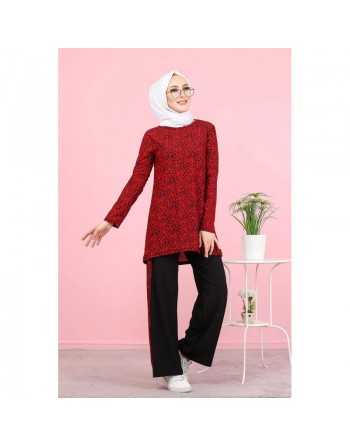 Ensemble 2 pièces décontracté tunique et pantalon (Ensemble femme voilée) - Couleur noir et rouge 