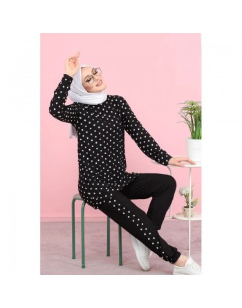Ensemble deux pièces pour femme de couleur noir à pois (Tenue Hijab Modest Fashion) 