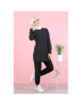 Ensemble deux pièces pour femme de couleur noir à pois (Tenue Hijab Modest Fashion) 