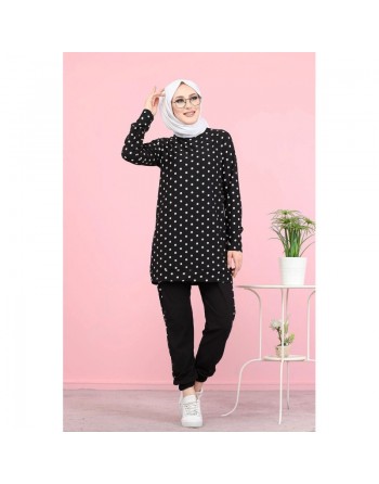 Ensemble deux pièces pour femme de couleur noir à pois (Tenue Hijab Modest Fashion) 
