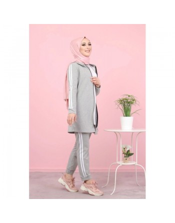 Ensemble Survêtement Veste et pantalon (Tenue de sport pour femme musulmane) - Couleur Gris clair 