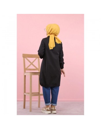 Tunique-Chemise ample boutonnée pour femme (Vetement Hijdab décontracté) - Couleur noir 