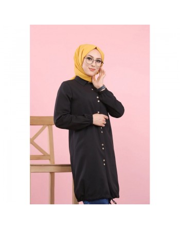 Tunique-Chemise ample boutonnée pour femme (Vetement Hijdab décontracté) - Couleur noir 