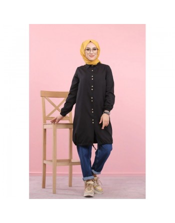 Tunique-Chemise ample boutonnée pour femme (Vetement Hijdab décontracté) - Couleur noir 