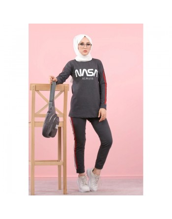 Ensemble survêtement -Tenue de sport femme - Sweat-shirts et pantalon jogging inscription "Nasa" - Couleur Gris anthracite 