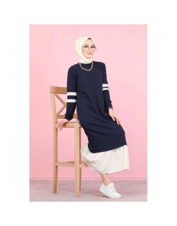 Robe longue moderne bi-couleur pour femme (Vetement musulman hijab pas cher et mastour) - Couleur bleue marine et blanc 