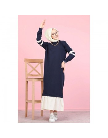 Robe longue moderne bi-couleur pour femme (Vetement musulman hijab pas cher et mastour) - Couleur bleue marine et blanc 