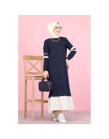 Robe longue moderne bi-couleur pour femme (Vetement musulman hijab pas cher et mastour) - Couleur bleue marine et blanc 