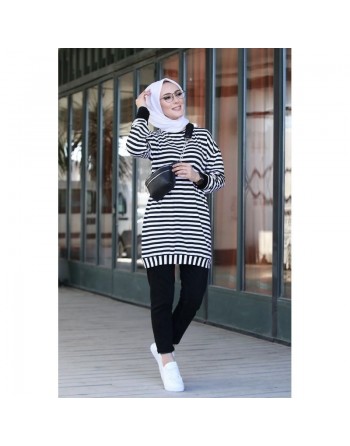 Pull - Tunique longue à rayures - Couleur noir et blanc 