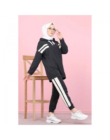 Ensemble survêtement 2 pièces (Sweat à capuche et Jogger) pour femme musulmane - Couleur blanc et Anthracite 