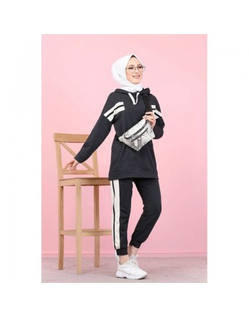 Ensemble survêtement 2 pièces (Sweat à capuche et Jogger) pour femme musulmane - Couleur blanc et Anthracite 
