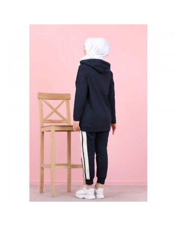 Ensemble survêtement 2 pièces (Vêtement Sweat-wear pour femme voilée) - Couleur blanc et Bleu marine 
