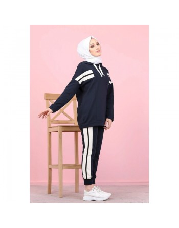 Ensemble survêtement 2 pièces (Vêtement Sweat-wear pour femme voilée) - Couleur blanc et Bleu marine 