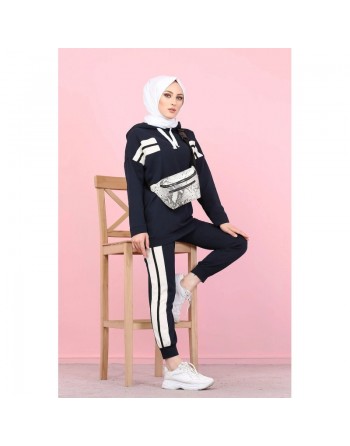 Ensemble survêtement 2 pièces (Vêtement Sweat-wear pour femme voilée) - Couleur blanc et Bleu marine 