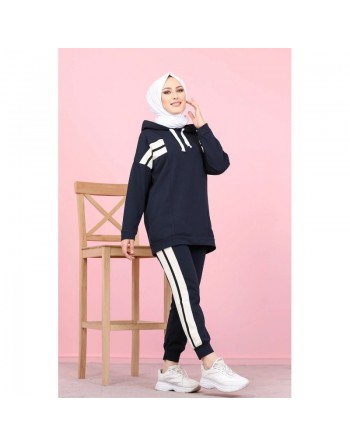 Ensemble survêtement 2 pièces (Vêtement Sweat-wear pour femme voilée) - Couleur blanc et Bleu marine 