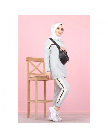 Ensemble survêtement 2 pièces (Sweatwear sport pour femme voilée) - Couleur blanc, noir et Gris clair 
