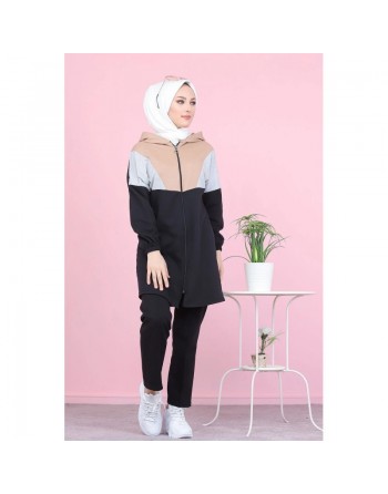 Ensemble décontracté tricolore à capuche pour femme musulmane (Survêtement Hijab Sport - Grande taille disponible) -... 