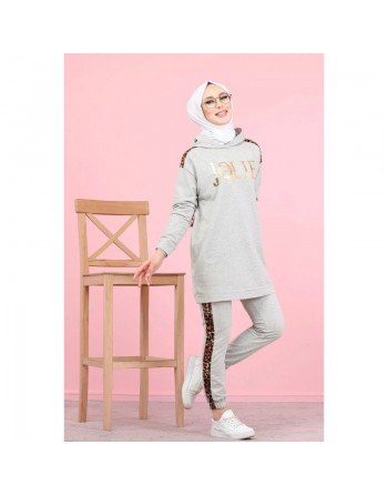 Survetement femme motif panthère Tunique à capuche et Pantalon imprimé "Jolie" (Hijab Sport) - Couleur gris clair 