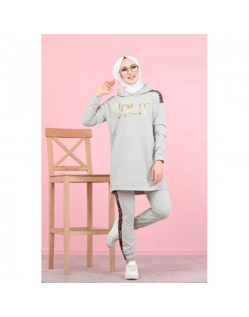 Survetement femme motif panthère Tunique à capuche et Pantalon imprimé "Jolie" (Hijab Sport) - Couleur gris clair 