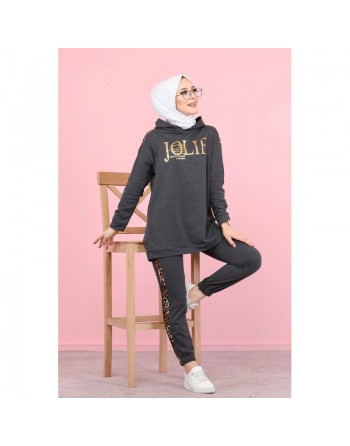Ensemble sportswear femme motif panthère Tunique à capuche et Pantalon (Hijab Sport) - Couleur anthracite 