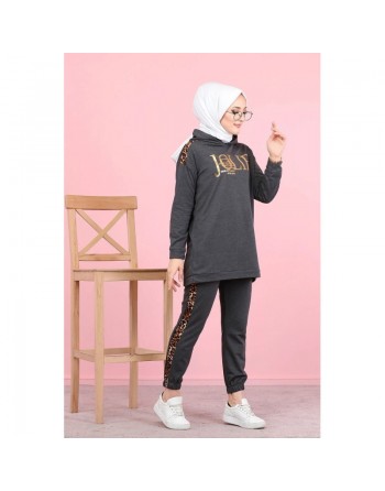 Ensemble sportswear femme motif panthère Tunique à capuche et Pantalon (Hijab Sport) - Couleur anthracite 