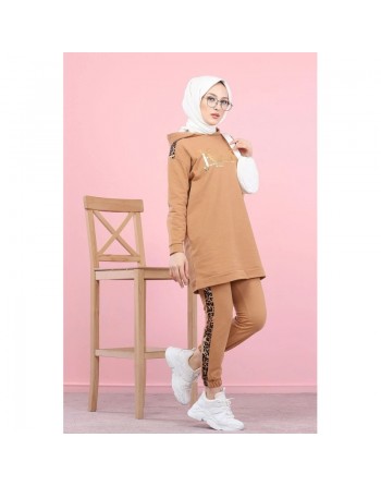 Ensemble Tunique à capuche et Pantalon motifs panthère et imprimé "Jolie" doré (Vetement Sport femme voilée) - Couleur... 