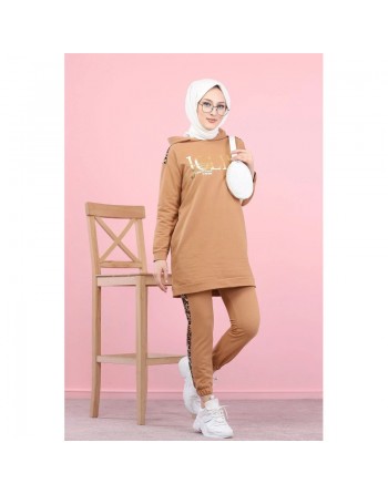 Ensemble Tunique à capuche et Pantalon motifs panthère et imprimé "Jolie" doré (Vetement Sport femme voilée) - Couleur... 