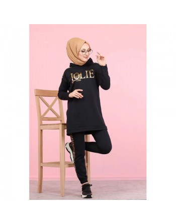 Ensemble sportswear femme motif panthère Tunique à capuche et Pantalon (Hijab Sportswear) - Couleur noir 