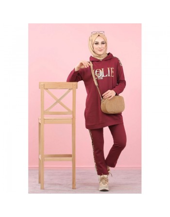 Survêtement femme motif panthère Tunique à capuche et Pantalon imprimé "Jolie" doré (Hijab Sport) - Couleur bordeaux Foncé 