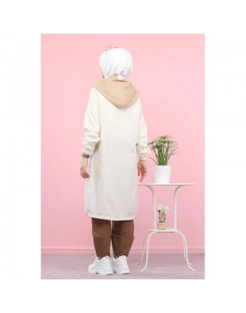 Veste longue bicolore à capuche (Mode islamique) - Couleur blanc et Beige 