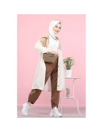 Veste longue bicolore à capuche (Mode islamique) - Couleur blanc et Beige 