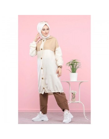 Veste longue bicolore à capuche (Mode islamique) - Couleur blanc et Beige 