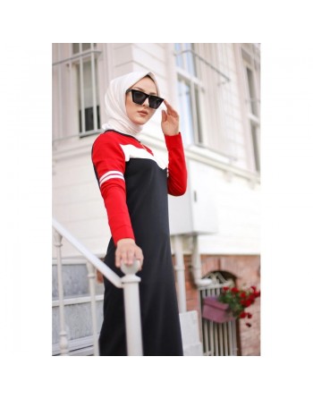 Robe sweat-shirt longue pour femme (Vetement musulmane hijab moderne - Grande taille disponible) - Couleur rouge et noire 